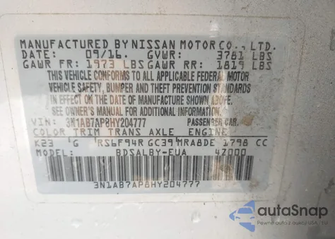 2017 Nissan Sentra S z USA, uszkodzony, nr VIN 3N1AB7AP8HY204777